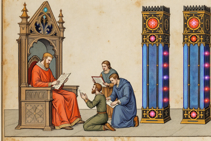 A red-robed magistrate on a Gothic trefoil throne accepts a sealed parchment from a green-robed kneeling pledgor while a blue-robed scribe inscribes the cautio at a small lectern; behind them two tall Gothic reliquary-cabinets glow with rose-window LED indicators and gilt iron tracery in the manner of 13th-century manuscript illumination